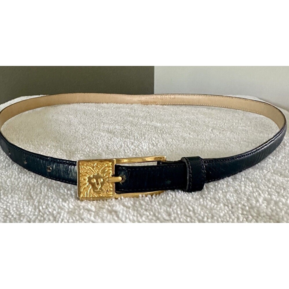 Anne Klein Calderon #8643 Navy Vintage Leather Y2K Belt Gold Lion Buckle Small